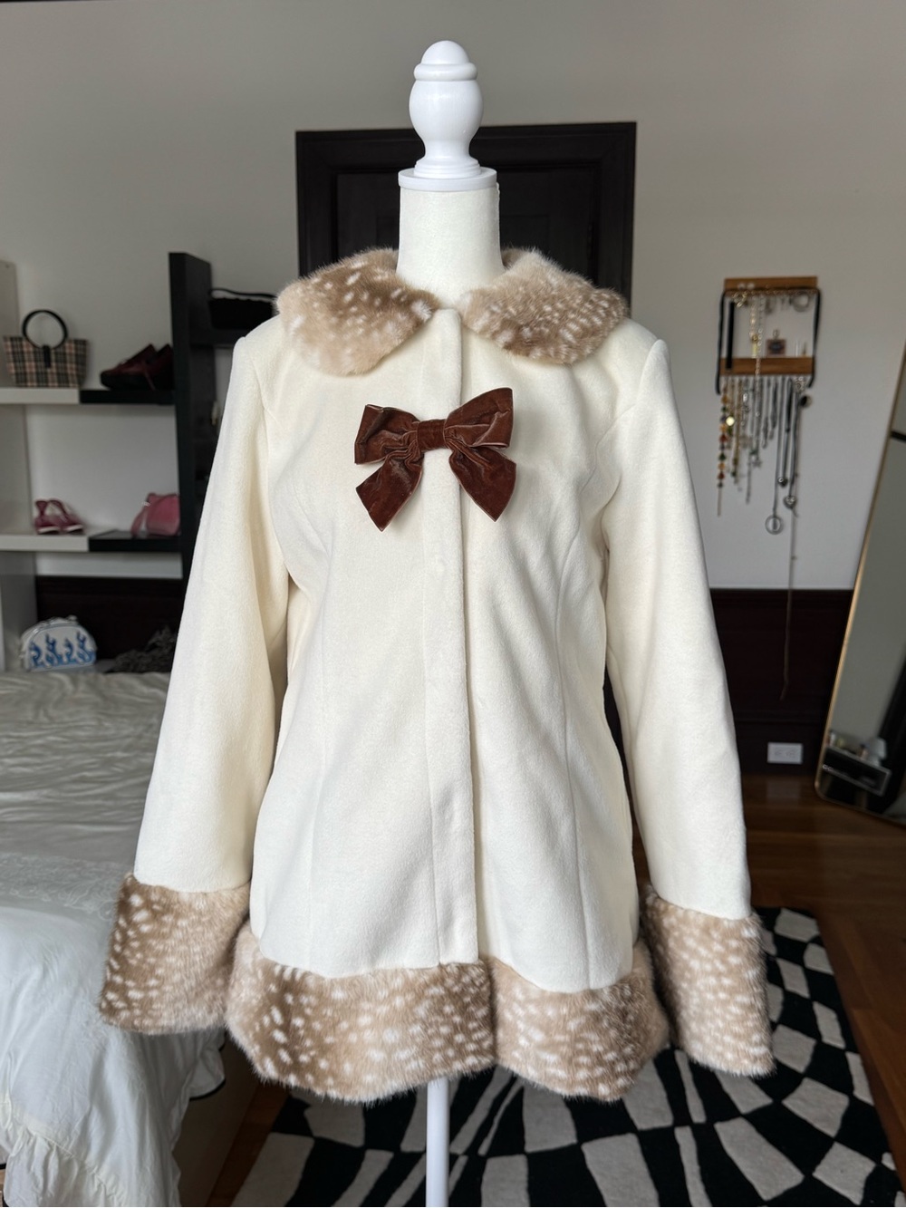 Cherie Lou Deer Print Vanilla Bow Coat